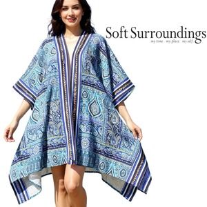 Soft Surroundings Paisley Kimono Cardigan Blue Teal Beaded Embellished S/M Beach